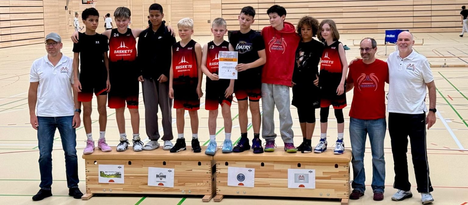 Mannschaftsfoto einer Basketballmannschaft mit Trainern auf beiden Seiten