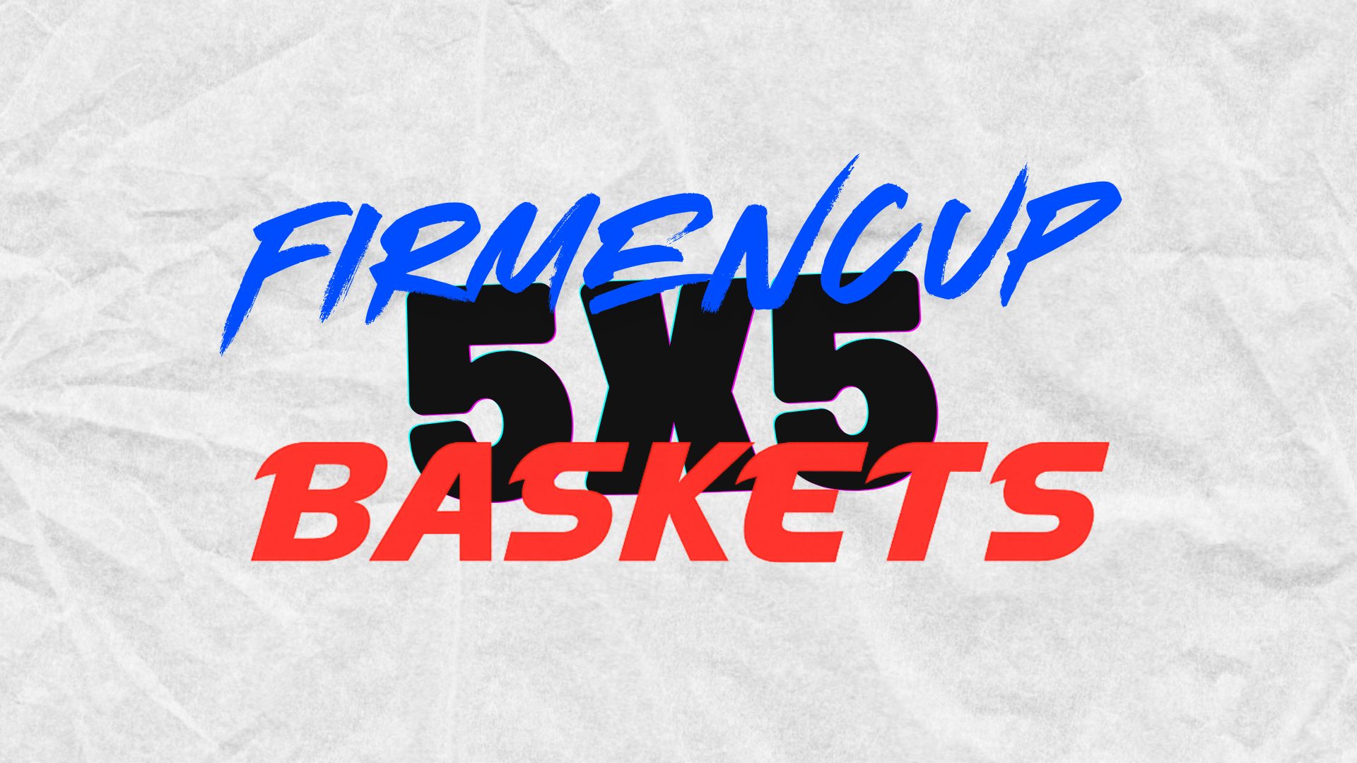 Grafik mit dem Schriftzug „Firmencup 5x5 Baskets" auf zerknittertem, weißem Papierhintergrund. „Firmencup" steht in blauer Pinselschrift, „5x5" in großen schwarzen Ziffern und „Baskets" in roter, dynamischer Blockschrift.